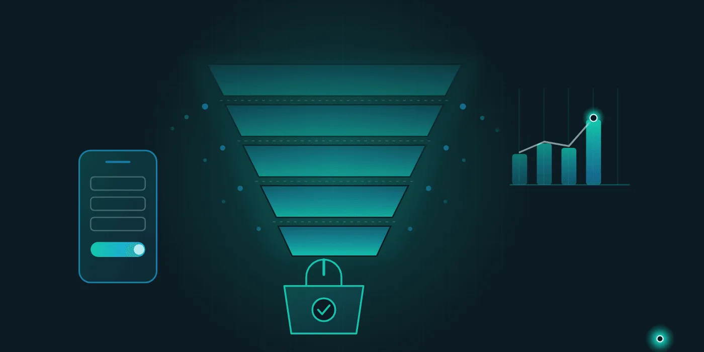 Illustration of visitors lost at each step of an e-commerce funnel and the effect of conversion improvements