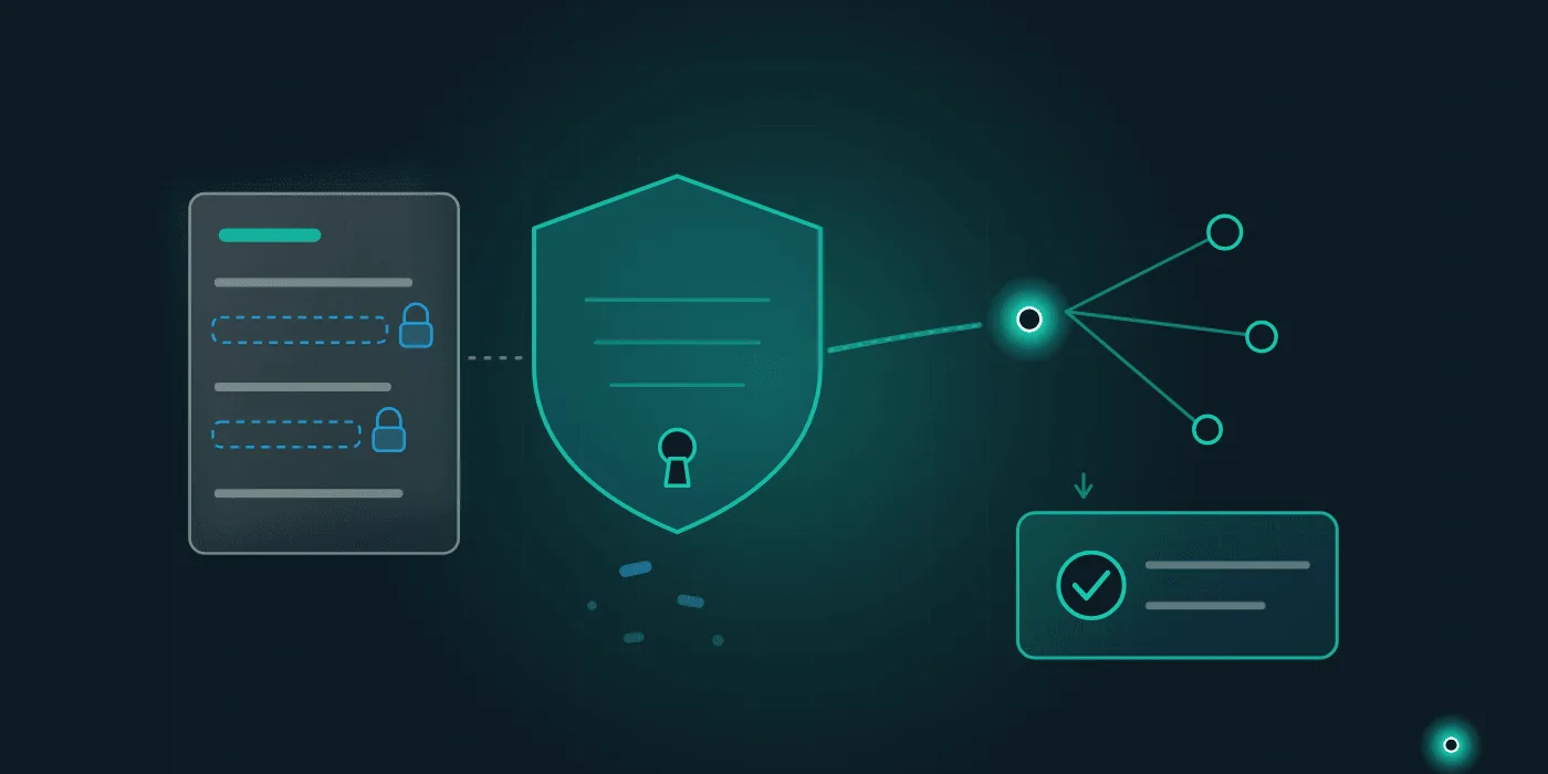 Illustration of a workflow that masks data going into AI tools and keeps a human approval step